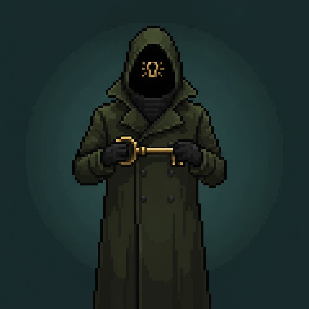 A hooded figure in a trench coat holding a brass key